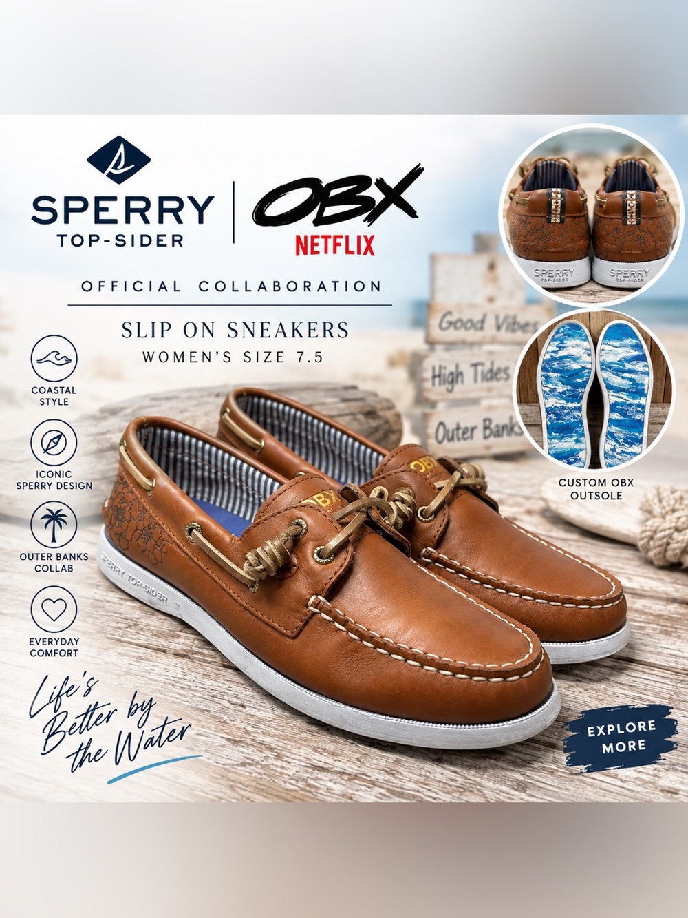Sperry Top-Sider x Outer Banks OBX Netflix Boat Shoes Women’s Size 7.5 Brown